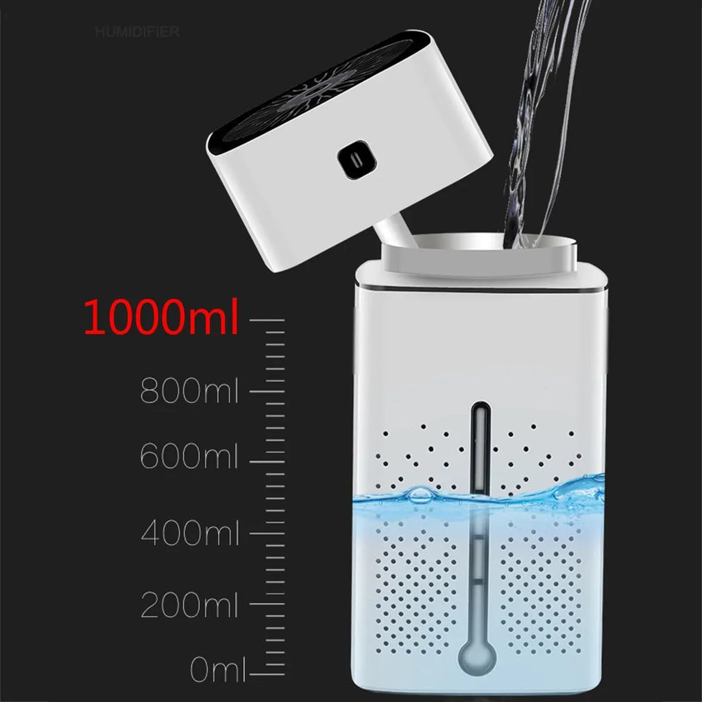 Black or white desktop humidifier with USB cable, 1000ml capacity, dimensions 103x103x218mm.