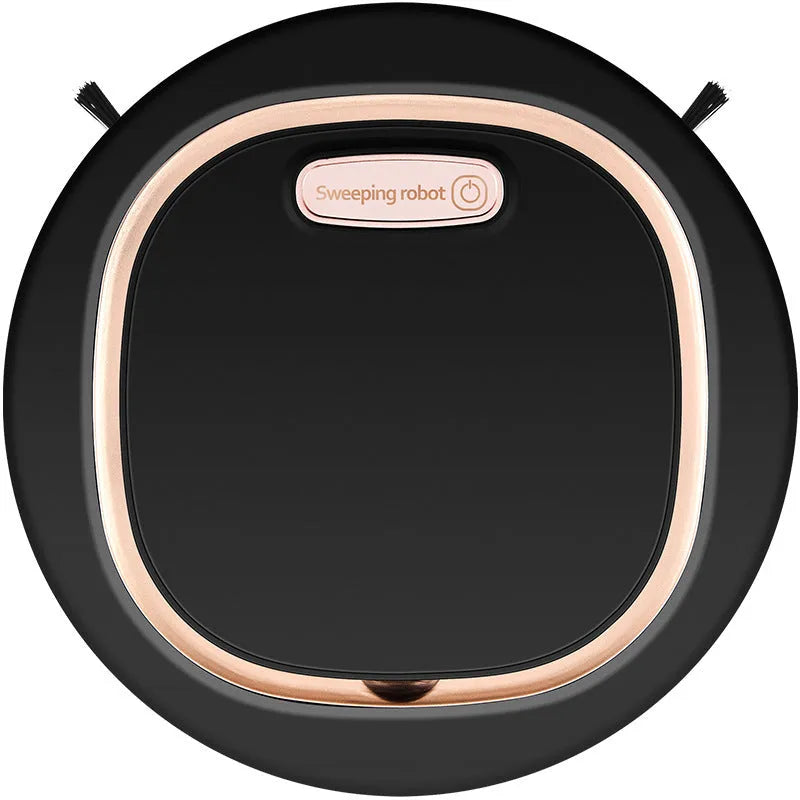 Fashion automatic intelligent sweeping robot in black with mopping function and mechanical collision bumpers on hard floor