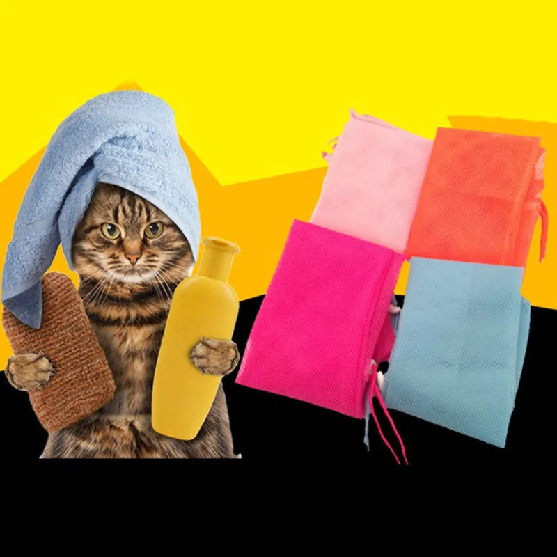 Pet soft cat grooming bag in blue polyester mesh with front zipper, 52x34cm