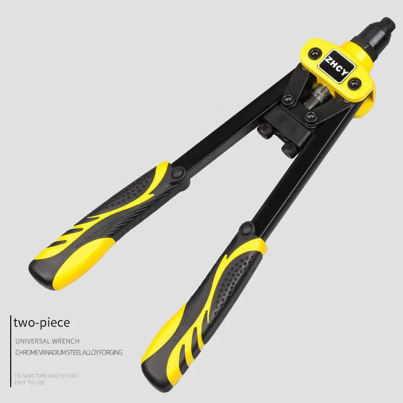 Yellow 13-inch manual rivet gun for household use with built-in tips.