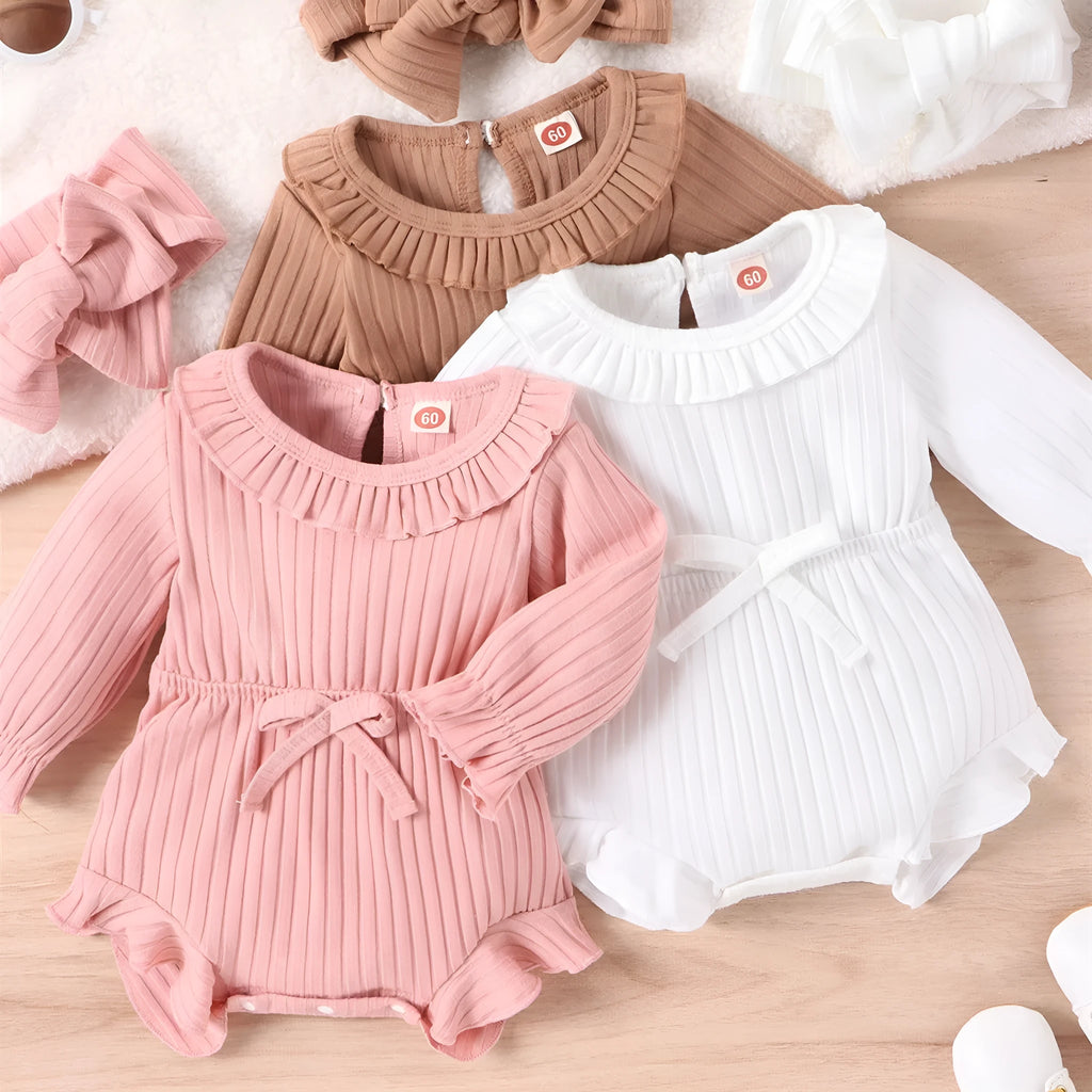 Baby girl long sleeve striped cotton romper with headscarf in white, pink, and brown options
