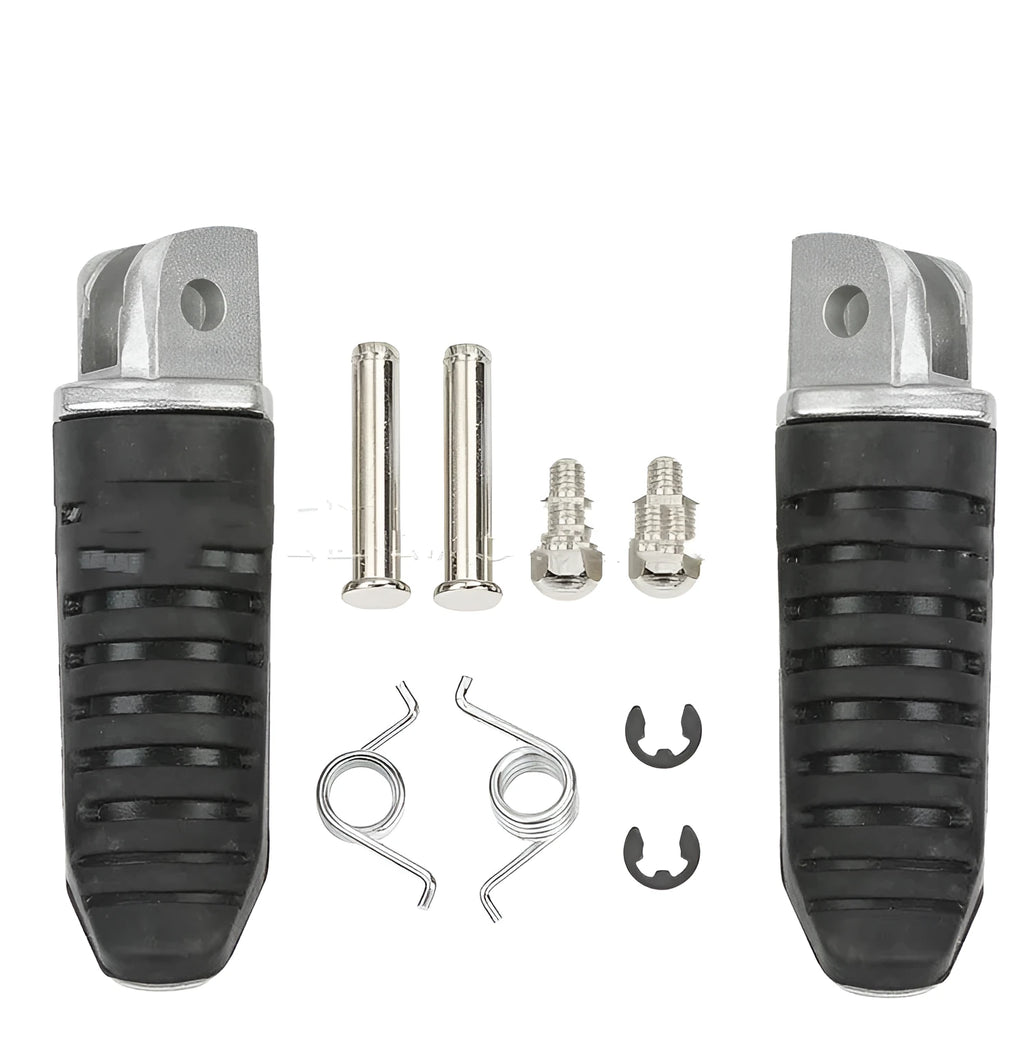 Black aluminium alloy motorcycle footpeg set for Suzuki GSX and V-Strom models.
