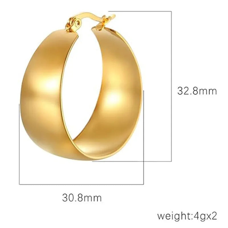 Stainless steel earrings with curved ear wire in gold or steel colour, 25mm and 30mm sizes