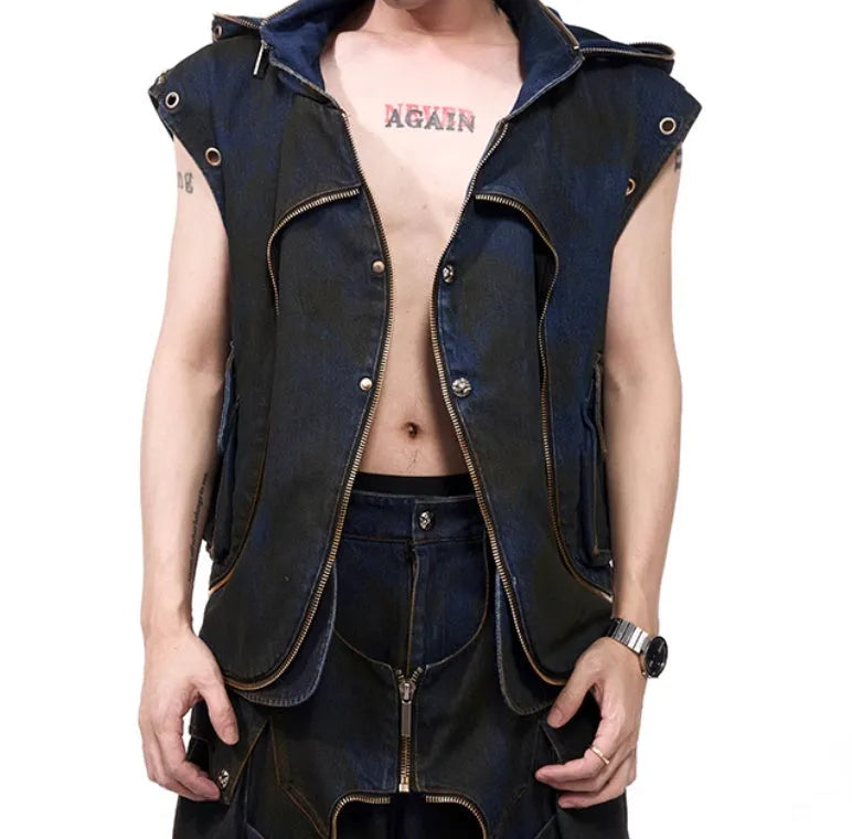 Blue hooded denim vest coat and trousers set with front zipper in Korean style