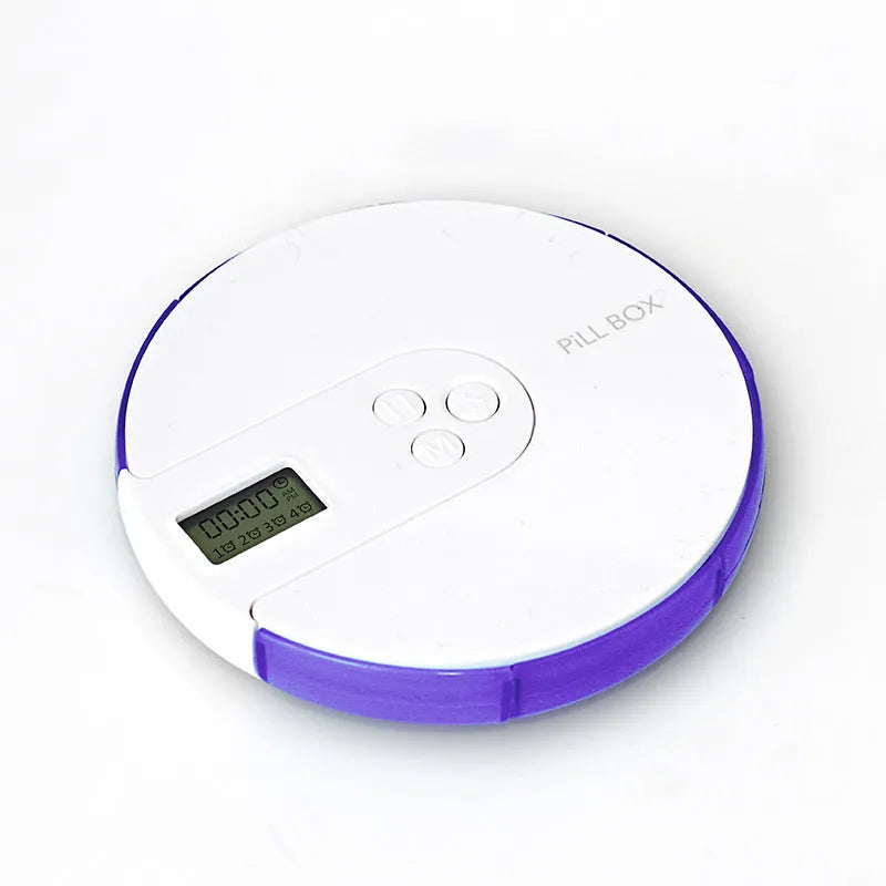 Blue 7-compartment alarm clock pill dispenser showing time display and open compartments.
