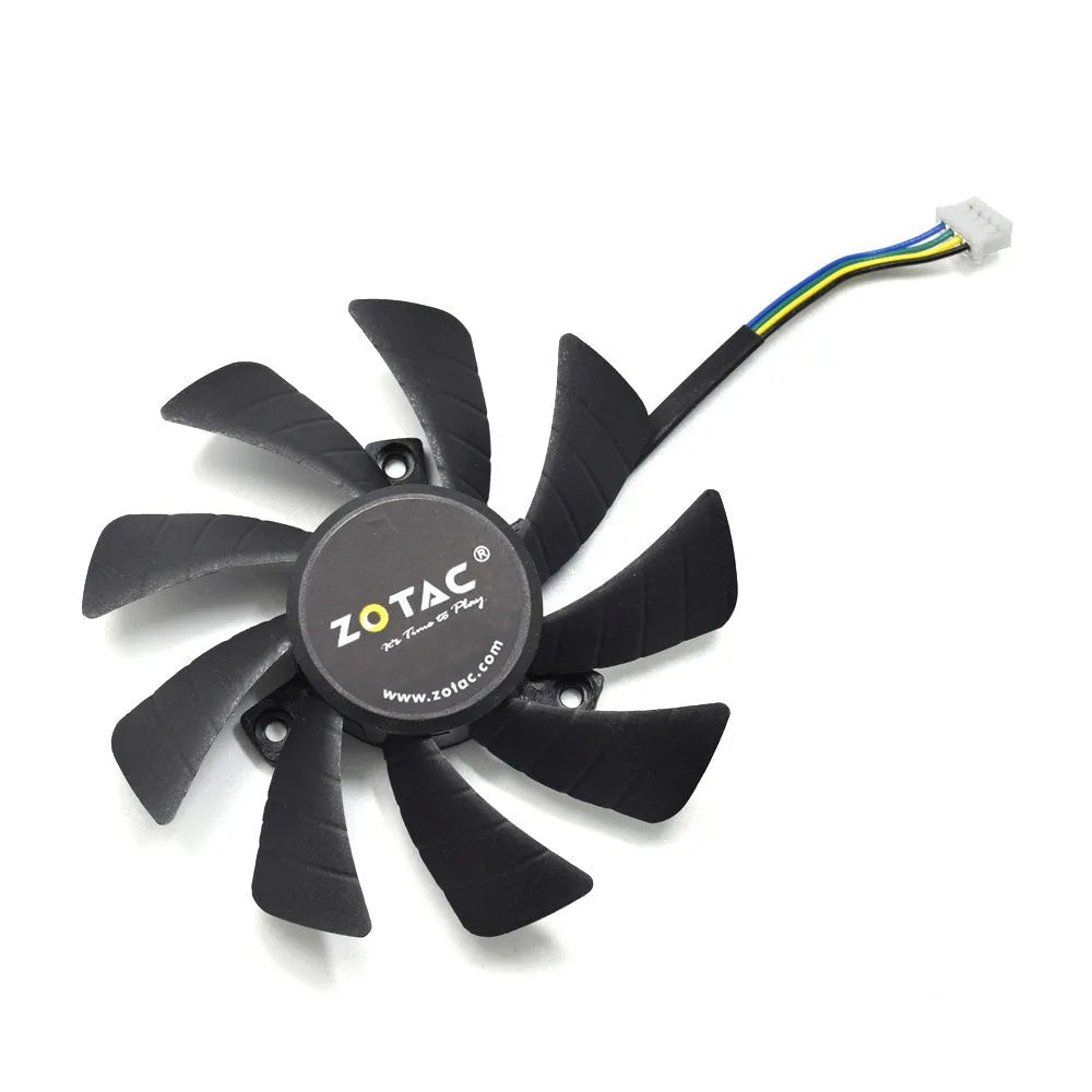 Black square graphics card cooling fan showing 4-pin connector and 85mm dimensions