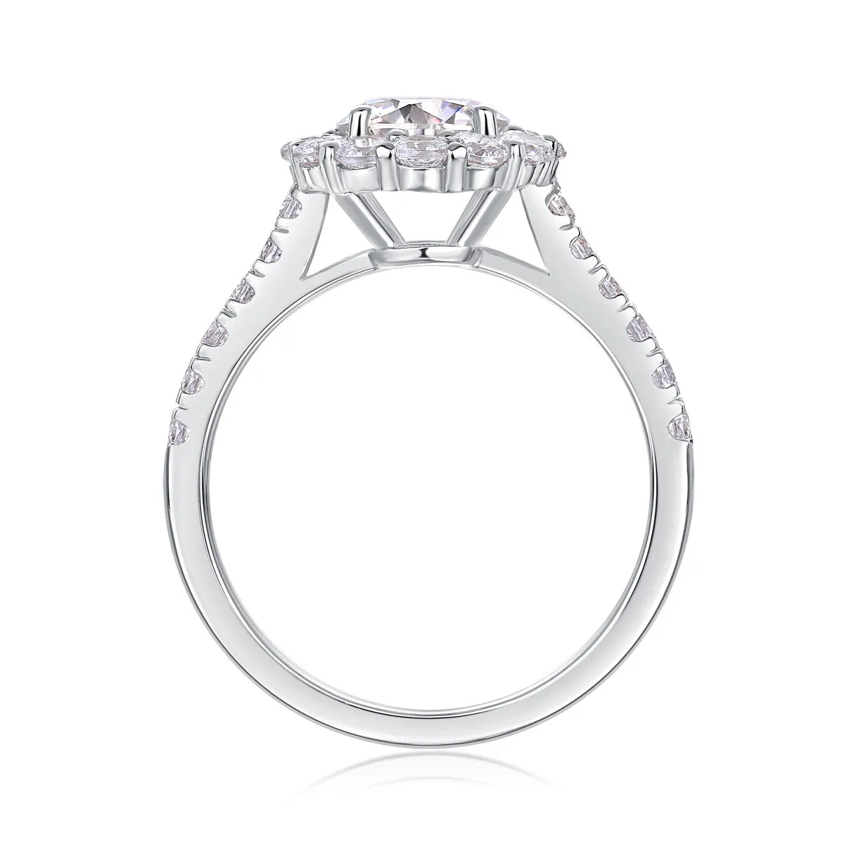 1-carat moissanite wedding ring set in S925 silver with platinum plating on white background
