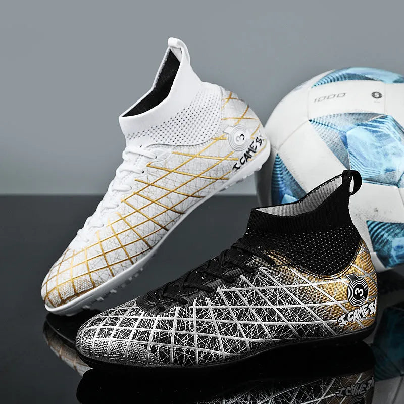 Soccer shoes with long and short spikes, rubber sole, high-top design, in black colour