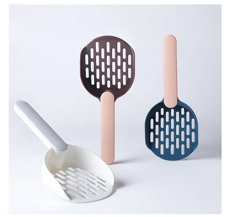 Plastic cat litter shovel in blue colour showing scoop design for litter box cleaning