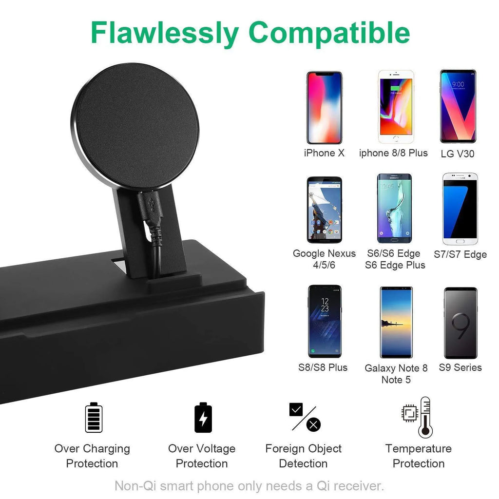 Black eight-port wireless charging station with USB hub and 150cm power cord