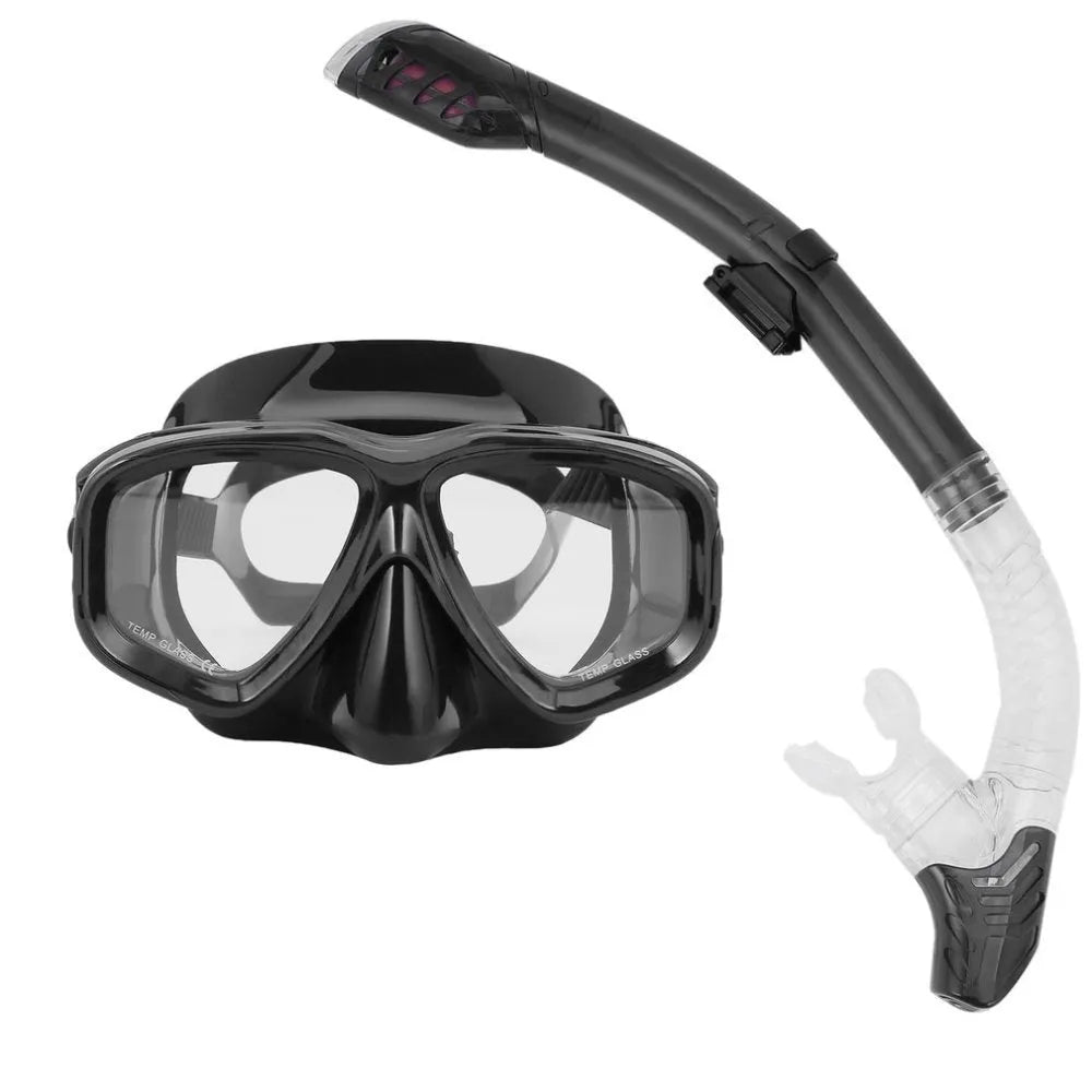 Black diving goggles with PC frame, silicone mask, adjustable strap, and transparent anti-fog lenses.