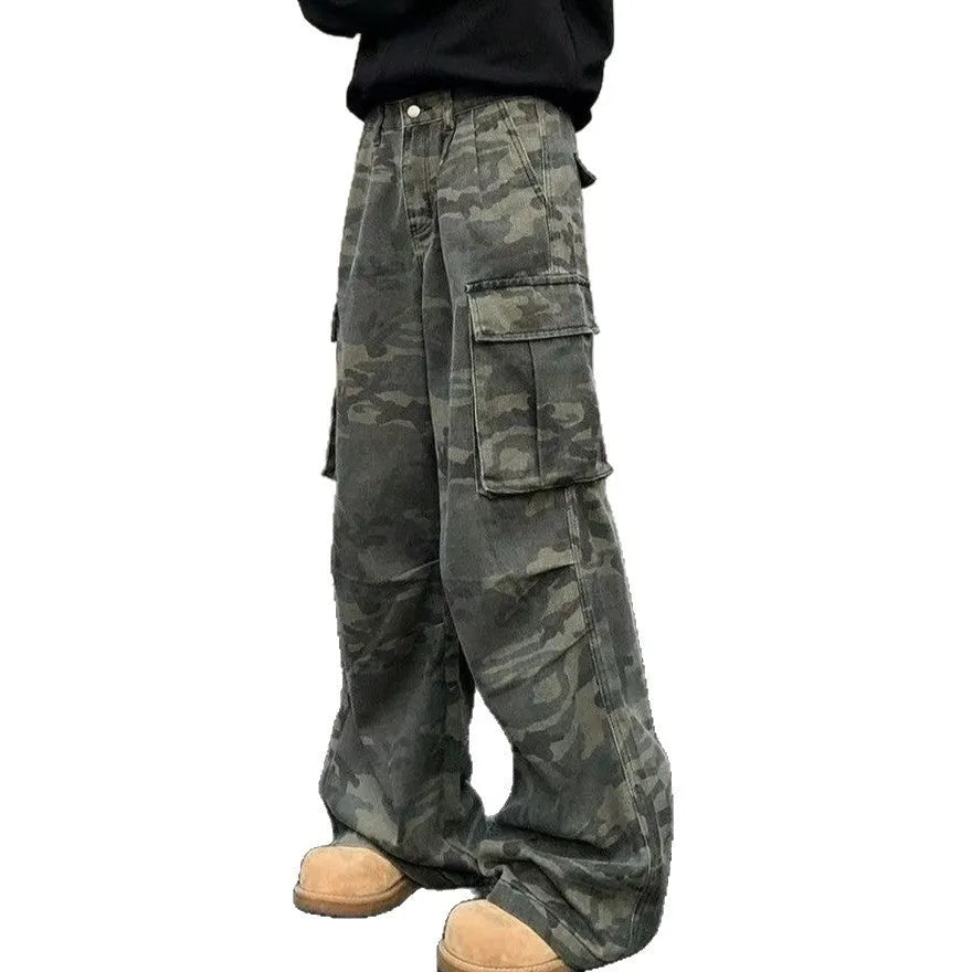 Cotton blend cargo trousers with washed camouflage print and multiple pockets.