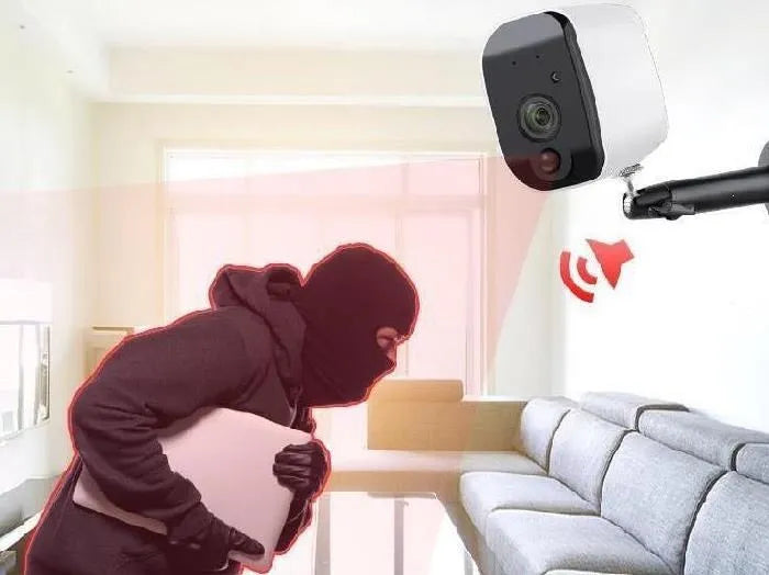 Solar powered wireless surveillance camera with 1080P lens and PIR motion sensor mounted outdoors