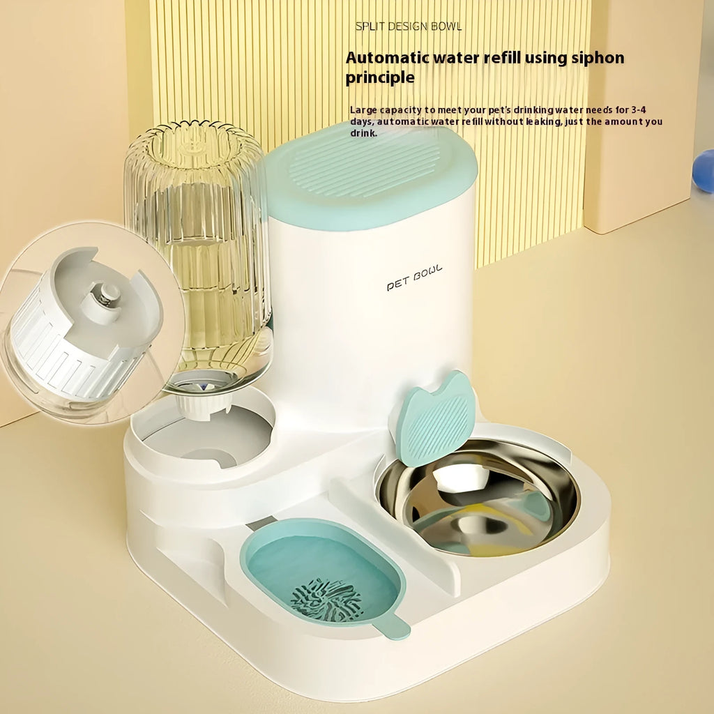 Compact cat feeding and water station with stainless steel bowl and automatic dispenser in selected colour