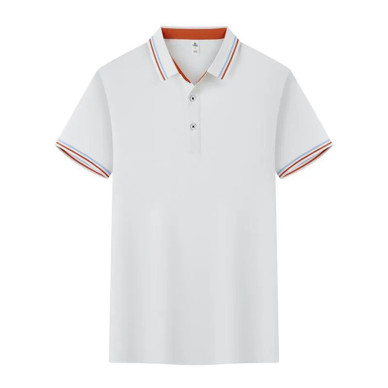 Slim fit cotton blend polo work shirt with collar and short sleeves on a hanger