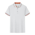 Slim fit cotton blend polo work shirt with collar and short sleeves on a hanger