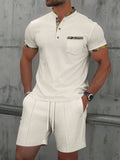 Men's waffle texture cotton blend zipper polo short sleeve suit with matching shorts in solid colour