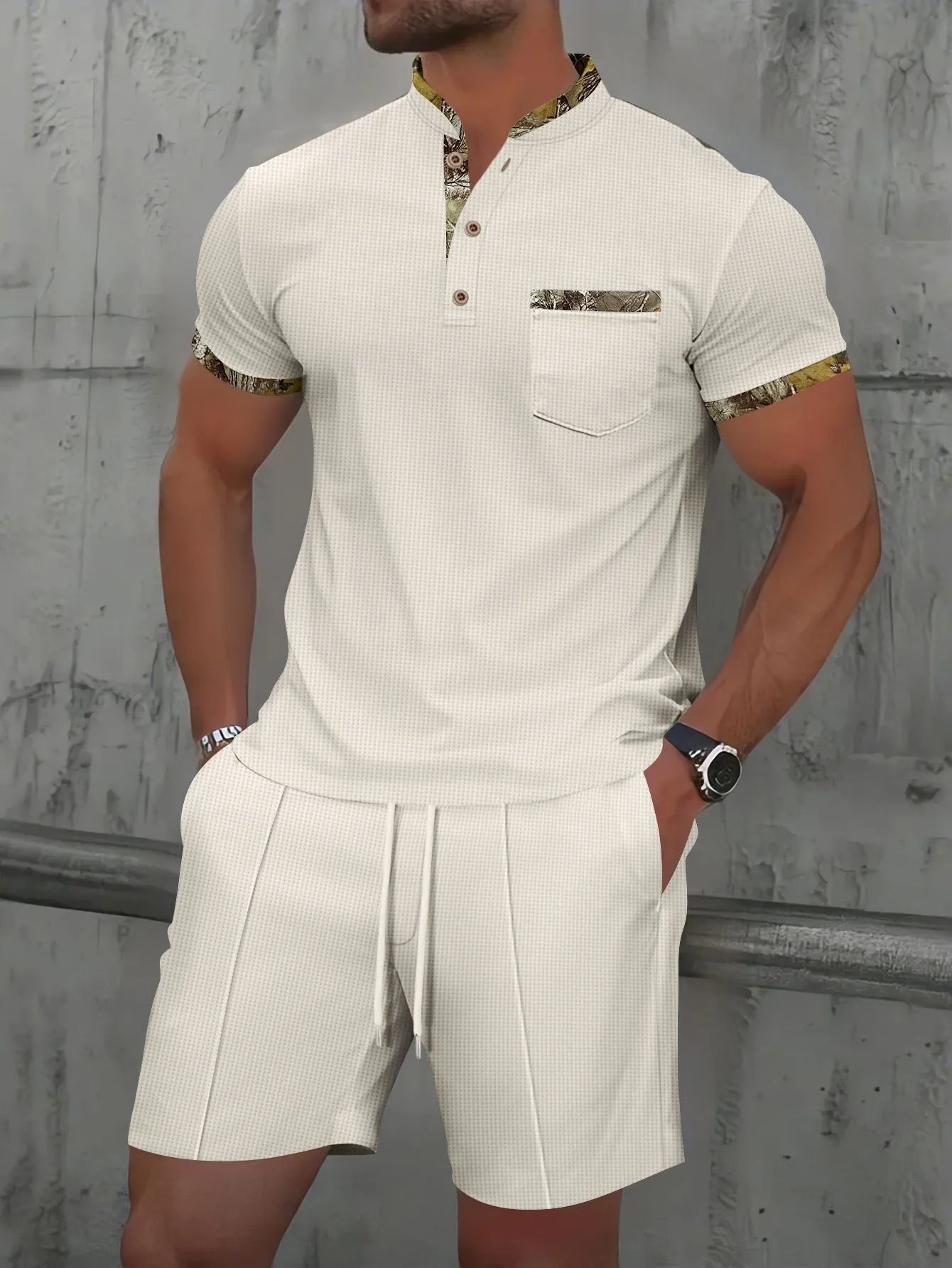 Men's waffle texture cotton blend zipper polo short sleeve suit with matching shorts in solid colour