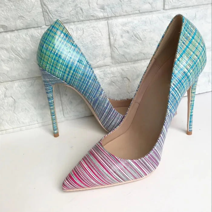 Pink and blue gradient patent leather ladies high heels with pointed toe and high thin heel