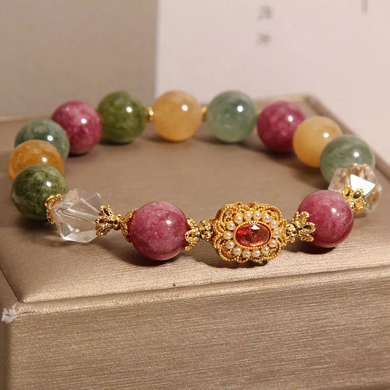 Women's jade colour tourmaline bracelet with round beads, alloy inlay, and rhinestone accents