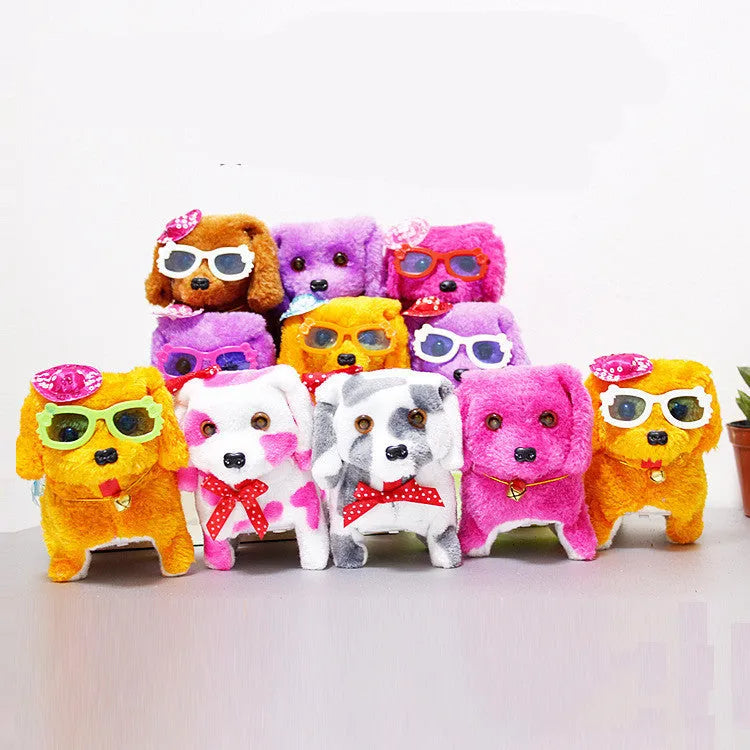 Electric musical plush dog toy in purple, walking with moving legs on a white background, 13 cm size