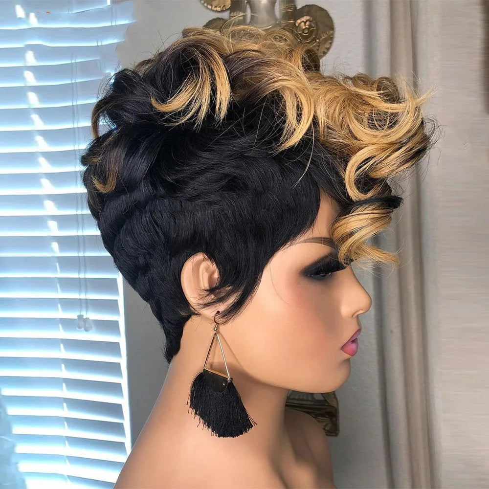 Short curly wig with small curls and Qi bangs, 15cm length, adjustable 52-56cm head circumference, button net cover