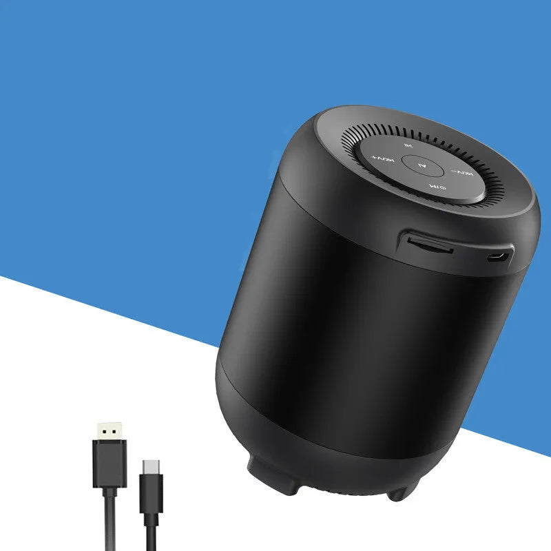 Black or white Bluetooth speaker with buttons, USB port, and AI voice control feature on Smart and Upgrade models.
