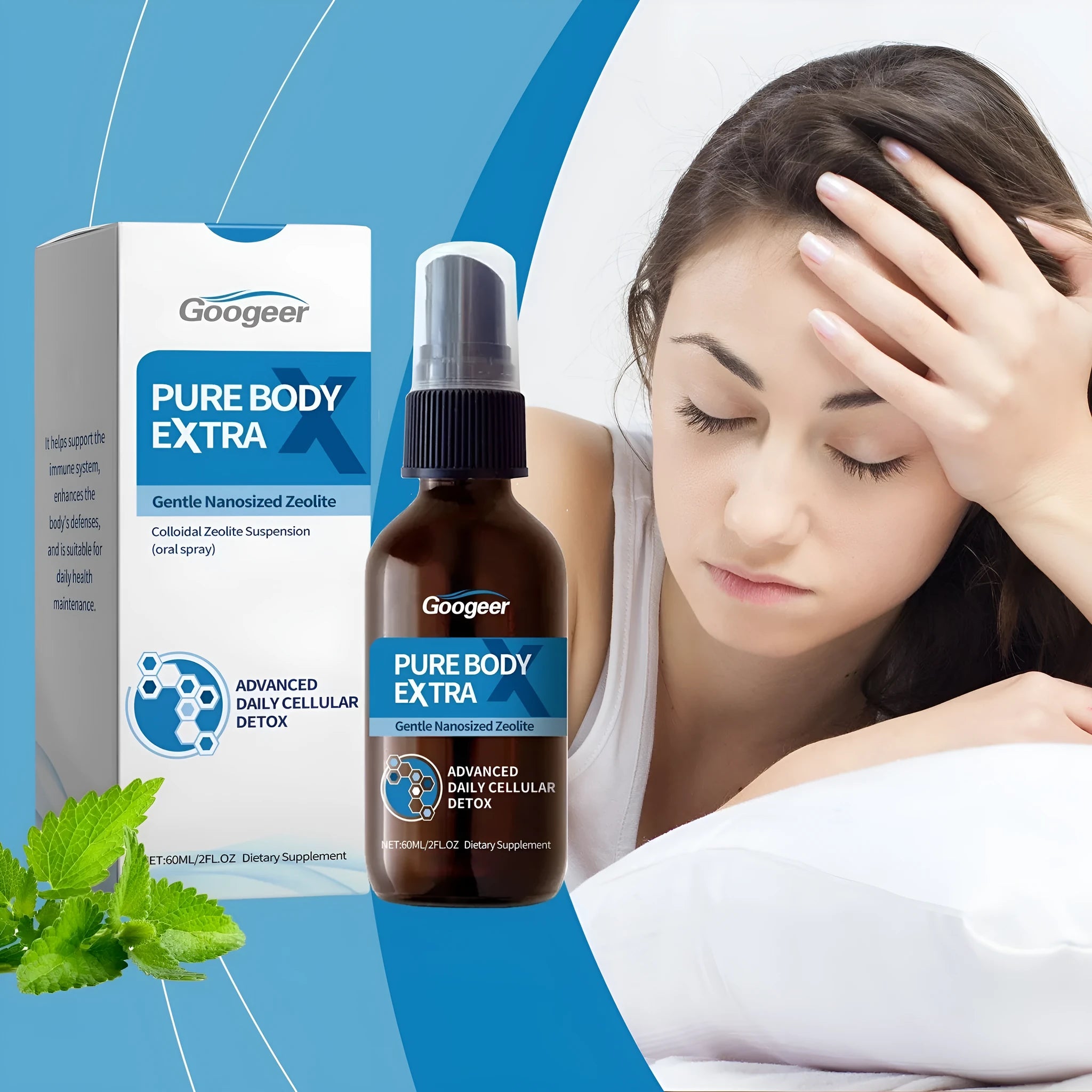 Googeer Body Care Oral Spray bottle with pump, 60ml net content, on a plain background.