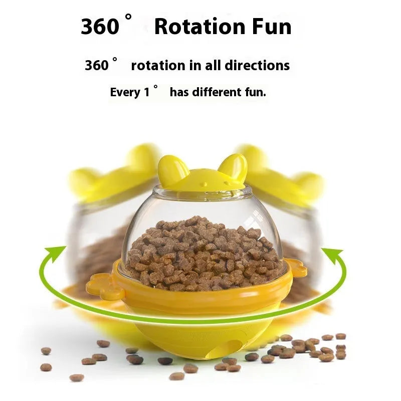 Lake blue TPR tumbler dog feeder toy with food dispenser opening, shown next to yellow version.