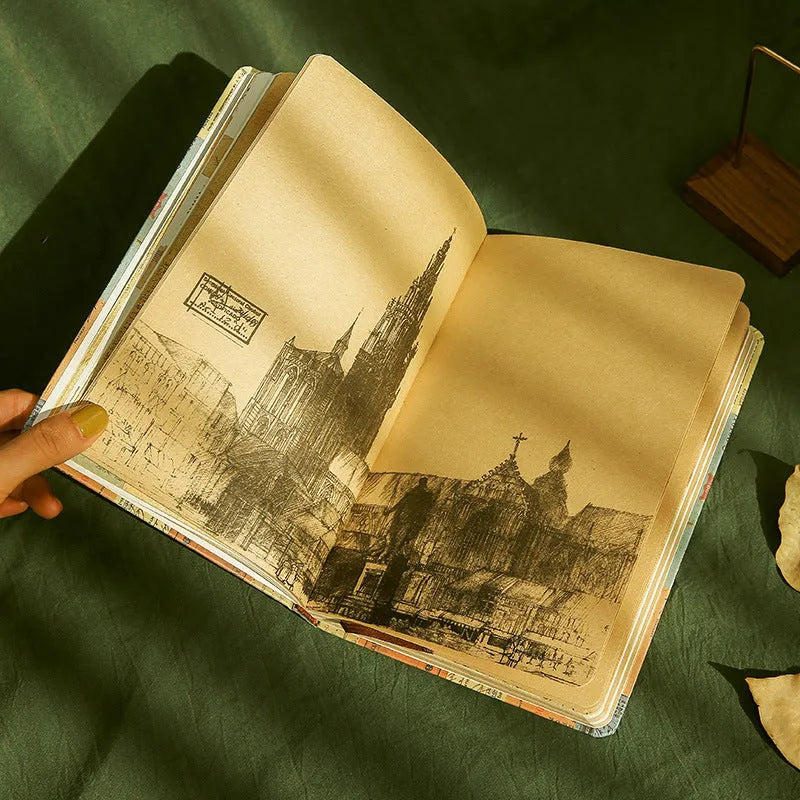 A5 kraft paper mood notebook in European retro style, shown in blue, coffee, and red colours.