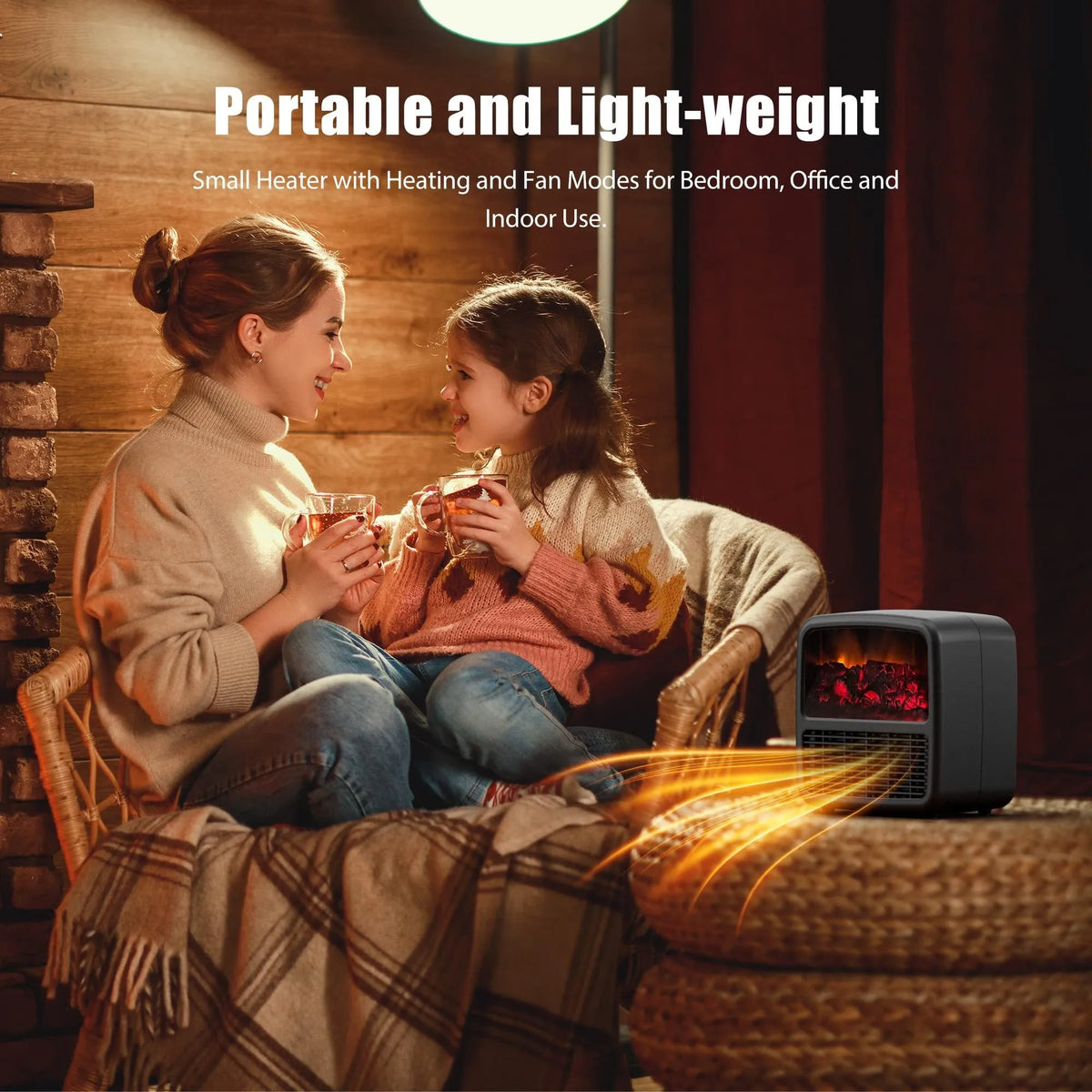 Black or white desktop electric space heater, 220x220x150mm, with ceramic heating, 1000-1500W power, and LED flame effect.