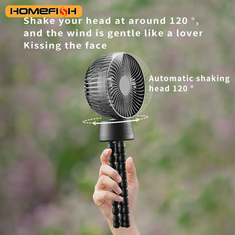 HOMEFISH F2 automatic shake head fan with clip, bracket, LED light, and removable front mesh.