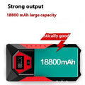Red 12V car jump starter power bank with battery clamps, 18800mAh capacity for emergency vehicle starting