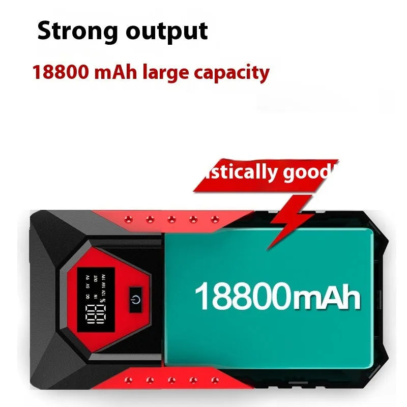 Red 12V car jump starter power bank with battery clamps, 18800mAh capacity for emergency vehicle starting