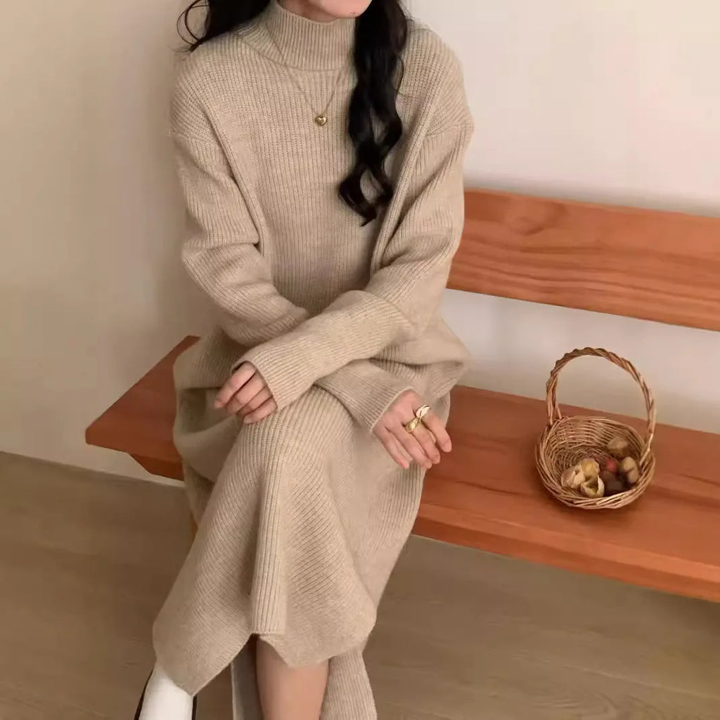 Women's knitted dress with half turtleneck collar in knee-length design for office wear