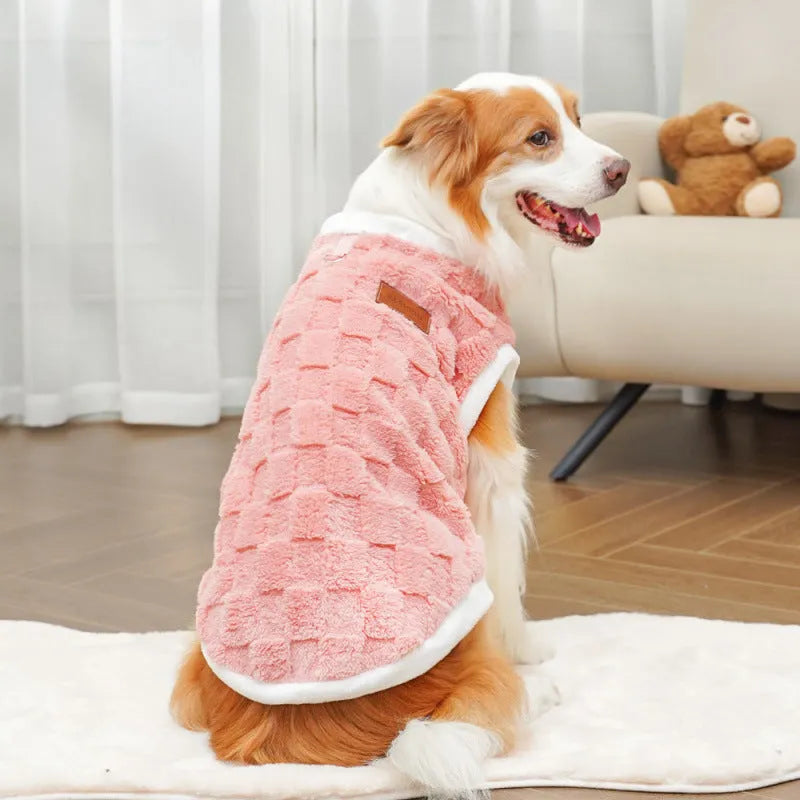 Pet autumn winter cotton dog coat with coral fleece lining in yellow square grid pattern, size M, shown on small dog