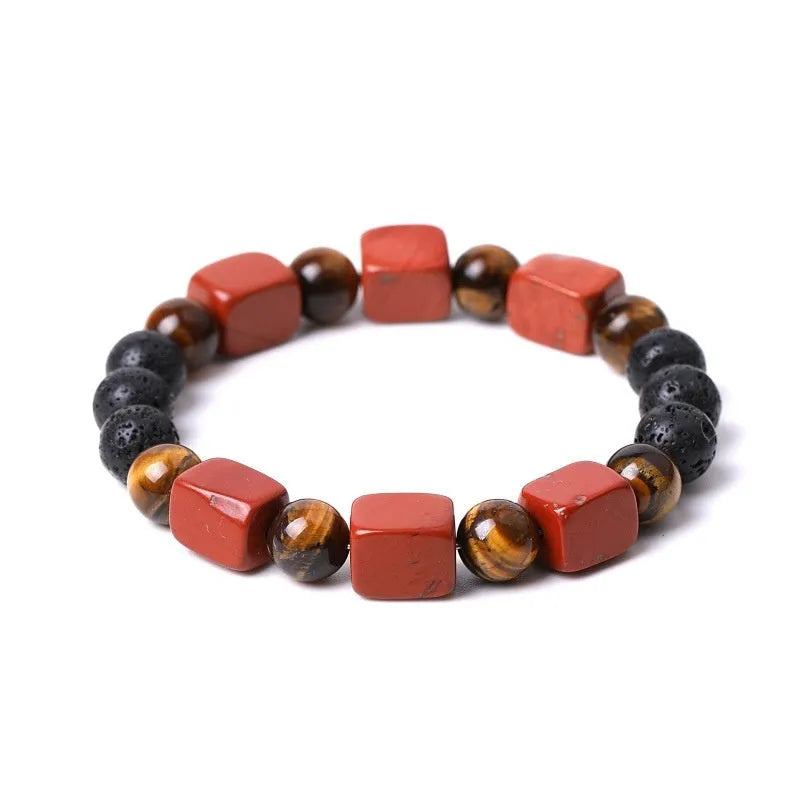 Handmade geometric stone bracelet with square amethyst, white crystal, and colourful volcanic stones