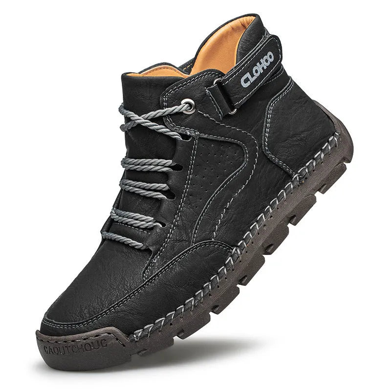 Martin boots men's casual shoes with stitching, black artificial PU upper, flat heel, rubber sole