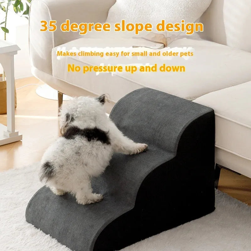 Wooden dog stairs with washable fabric steps in brown, for small medium dogs