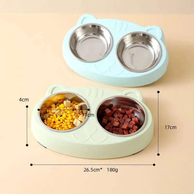 Blue macaron pet feeding tray with two compartments for food and water on non-slip base