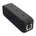 Black portable wireless Bluetooth speaker with waterproof construction and 20W output power