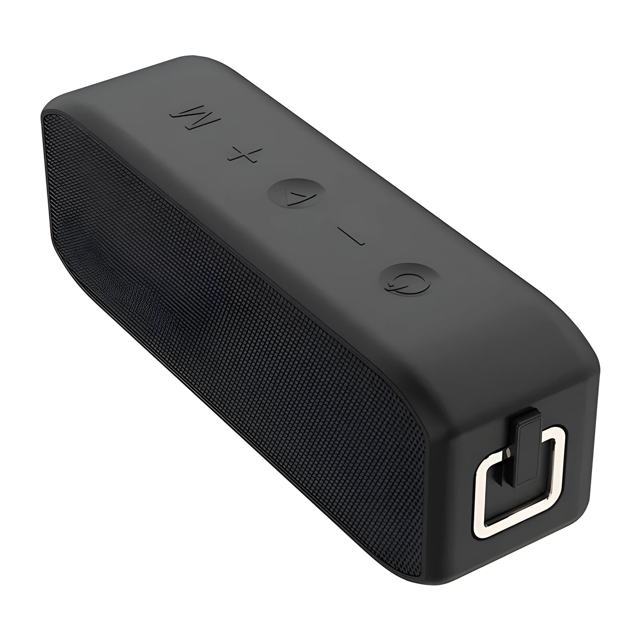 Black portable wireless Bluetooth speaker with waterproof construction and 20W output power