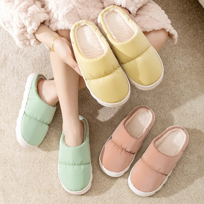 Blue down cotton slippers with artificial leather upper and thick rubber sole for indoor use