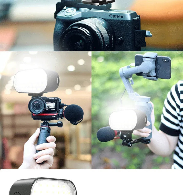 ST-30 black handheld mobile phone fill light with digital display, cold shoe mount, and colour palettes.
