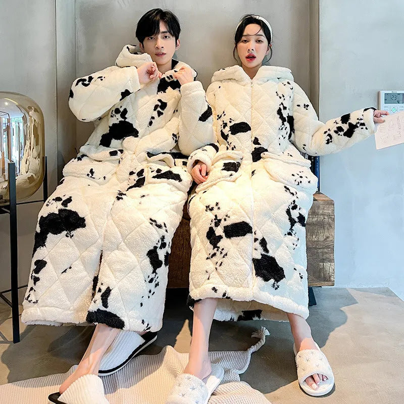 Men's winter quilted cow print coral fleece nightgown, thick warm bathrobe homewear