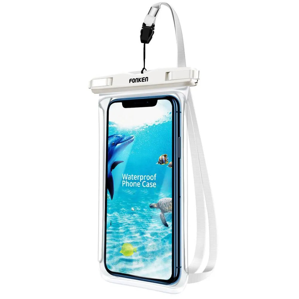 Transparent waterproof phone pouch with double ring seal for diving and swimming, holding a smartphone with clear screen visibility