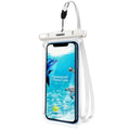 Transparent waterproof phone pouch with double ring seal for diving and swimming, holding a smartphone with clear screen visibility