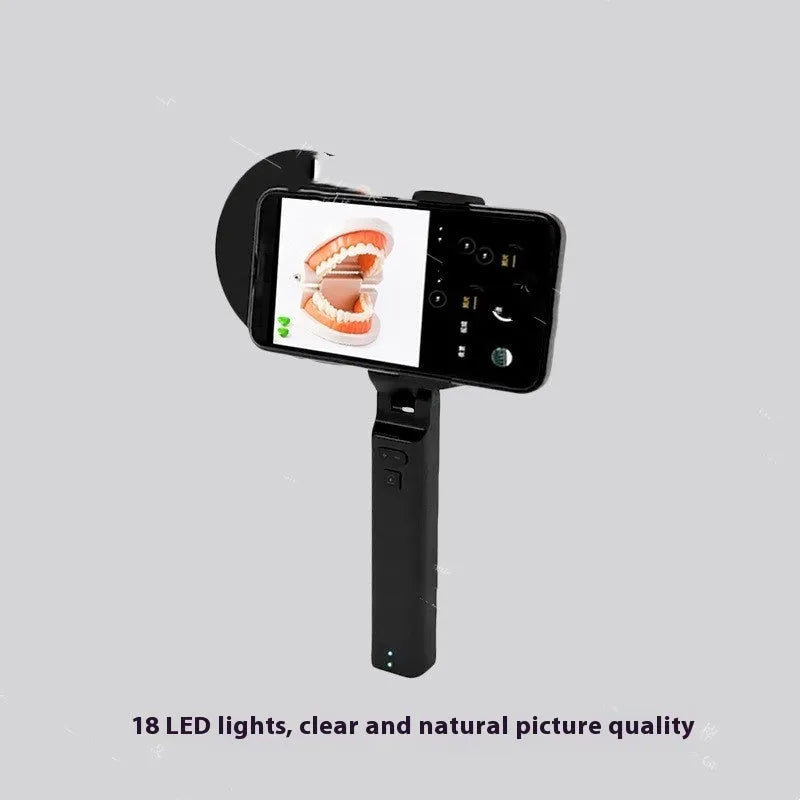 Black handheld LED fill light for phone photography measuring 14.5 x 25.8 x 4.7 cm