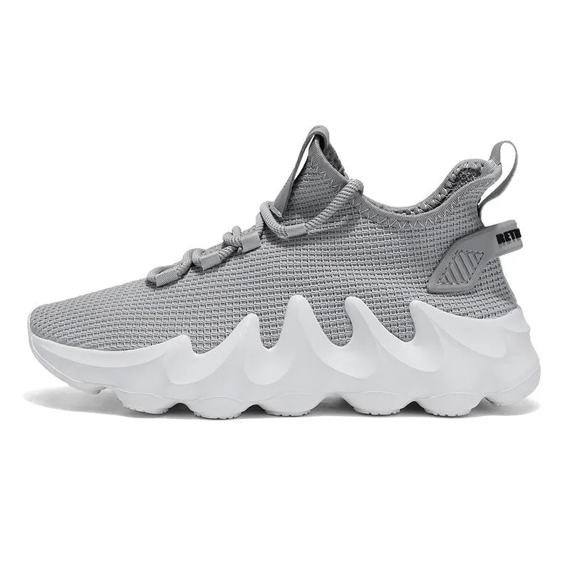 Men's grey lightweight sock-like sports shoes with flat heel and lace-up front