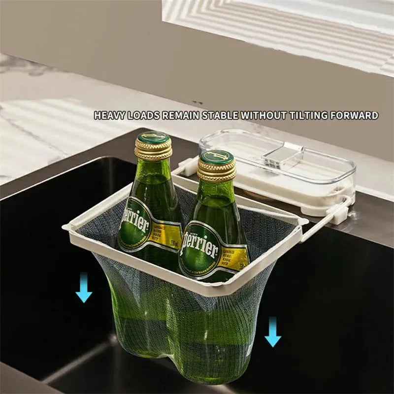 Dark green gold kitchen sink filter rack with suction cups and disposable screens for food scrap collection